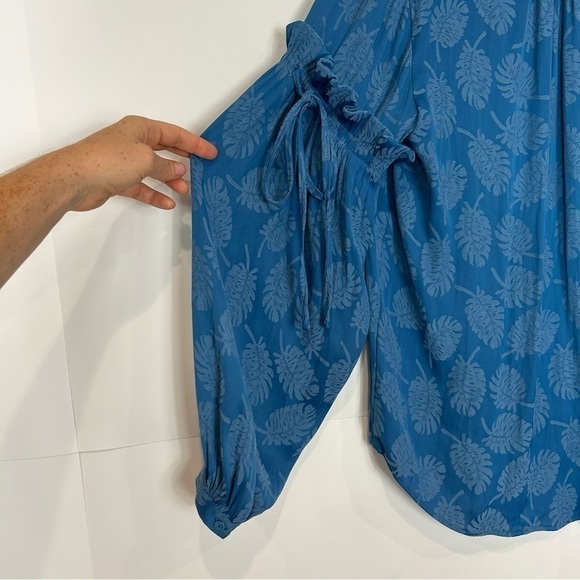 Anthropologie Palm Beach Blouse Current Air Small NWT Blue Leaf Long Sleeve - Picture 7 of 16